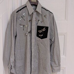 Ampaco LTD Men's Button-up Dragonfly Stripes Shirt Long Sleeves Size M